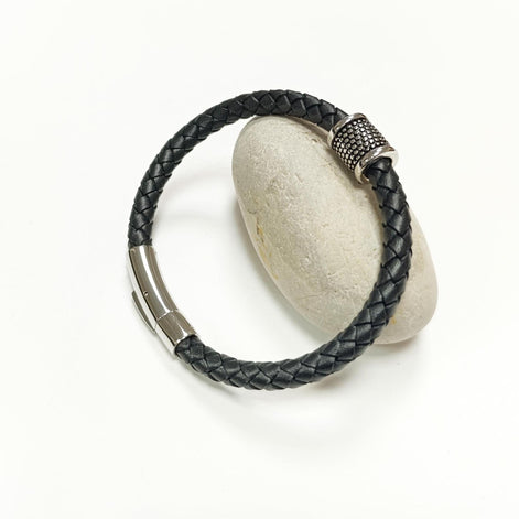 Braided Leather Bracelet • Stainless Steel • Twisted Rope Black Open Cuff • Modern Unisex Jewelry • Light Slim Cuff • Gift for Her or Him