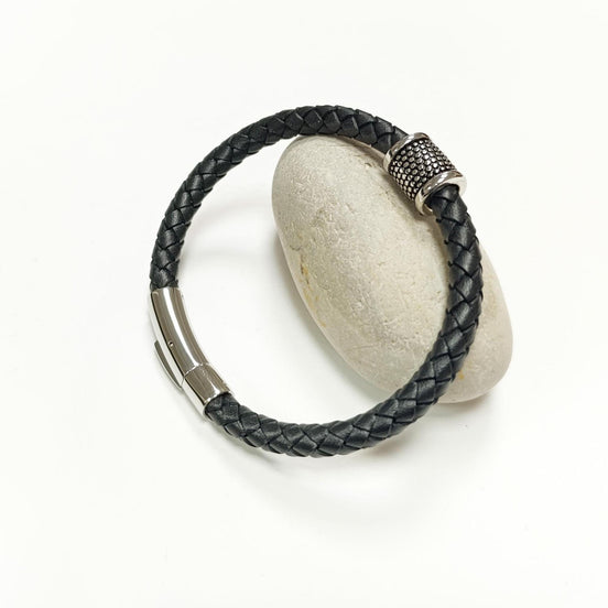 Braided Leather Bracelet • Stainless Steel • Twisted Rope Black Open Cuff • Modern Unisex Jewelry • Light Slim Cuff • Gift for Her or Him