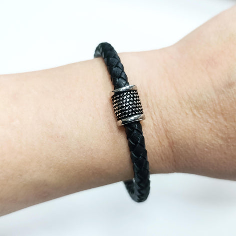 Braided Leather Bracelet • Stainless Steel • Twisted Rope Black Open Cuff • Modern Unisex Jewelry • Light Slim Cuff • Unisex Gift