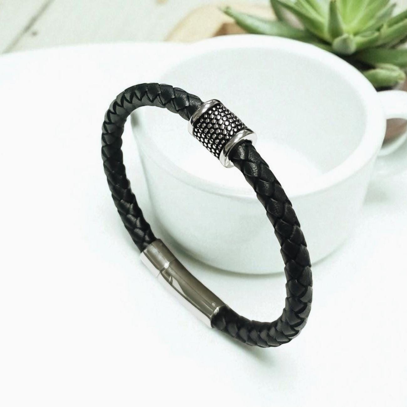 Braided Leather Bracelet • Stainless Steel • Twisted Rope Black Open Cuff • Modern Unisex Jewelry • Light Slim Cuff • Unisex Gift