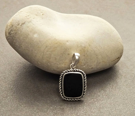 Black Earrings Set, Sterling Silver, Black Onyx Stone, Oxidized braided border Jewelry, Vintage Tribal Square shape Earrings and Pedant