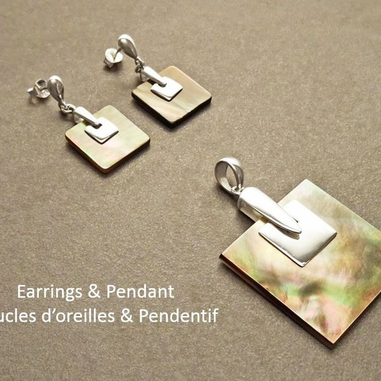 Square earrings, Sterling Silver, GENUINE Grey Paua Shell Dangle Earrings and Pendant SET, Modern Geometric Minimalist Design Jewelry
