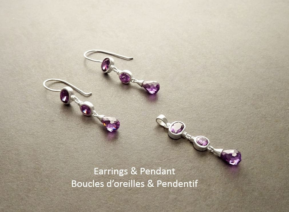 Amethyst Drop Earrings • Sterling Silver • Elegant Dangle Hook Earrings • Faceted Purple Stone Teardrop Cz