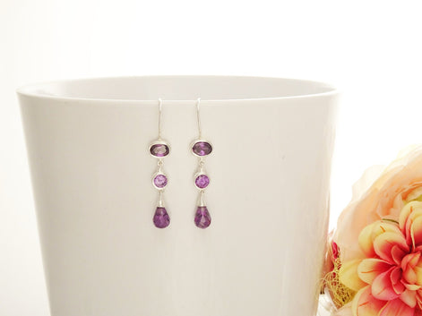 Amethyst Drop Earrings • Sterling Silver • Elegant Dangle Hook Earrings • Faceted Purple Stone Teardrop Cz