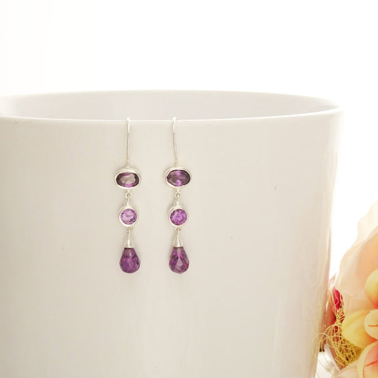 Amethyst Drop Earrings • Sterling Silver • Elegant Dangle Hook Earrings • Faceted Purple Stone Teardrop Cz