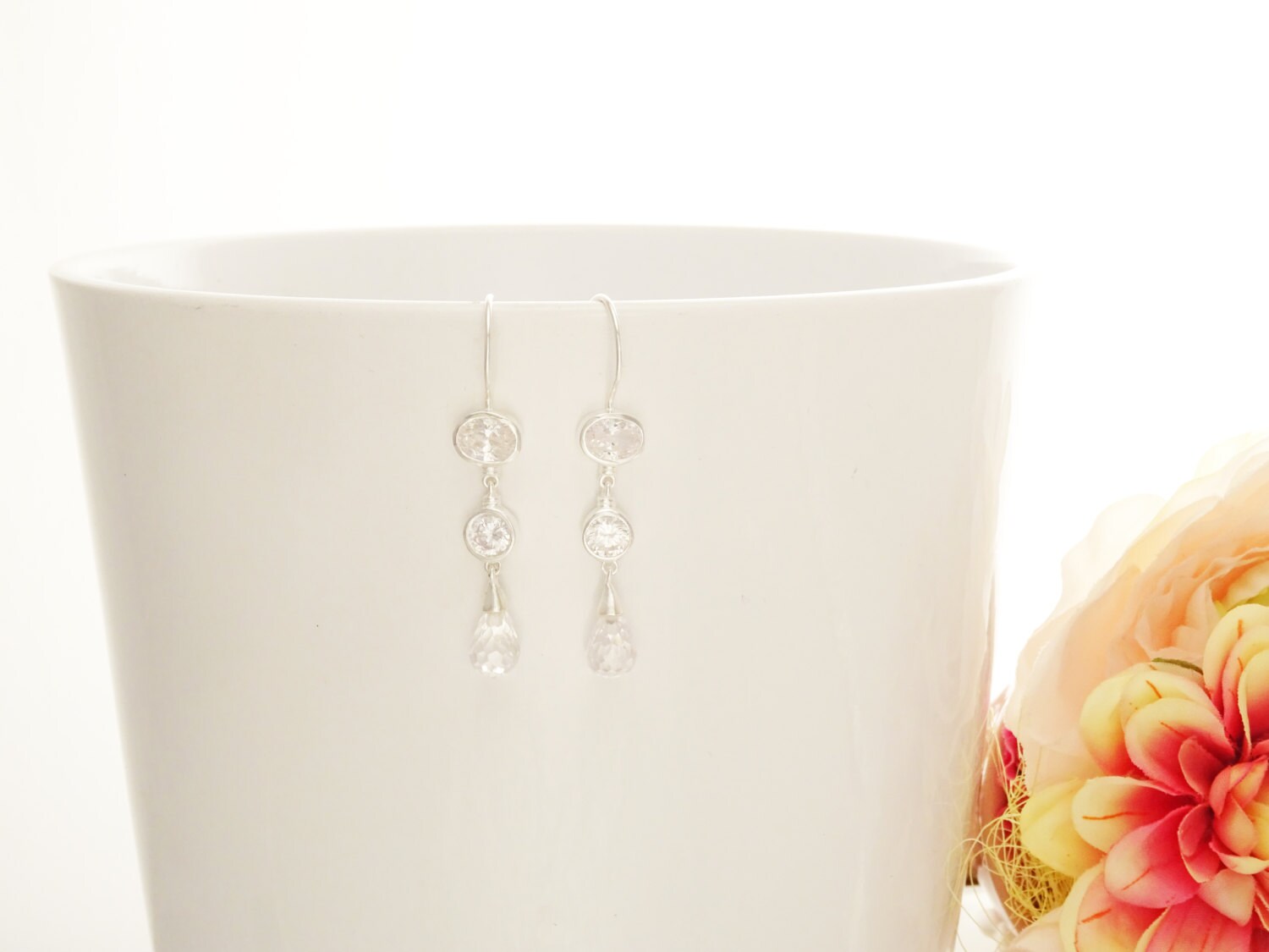 Diamond Drop Earrings • Sterling Silver • Elegant Dangle Earrings • Faceted Teardrop Cz Stone