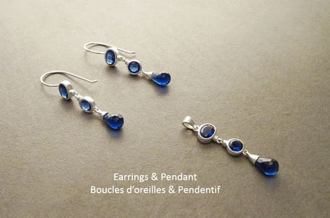 Sapphire Long pendant, Sterling Silver, Lab Sapphire Pendant, Unique Modern Jewelry, Deep Blue, Dangle 3 Stones Teardrop Set, Bezel Setting