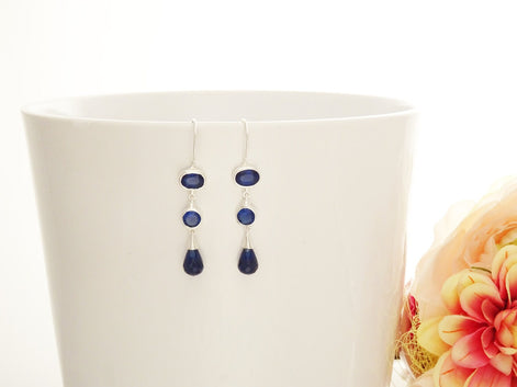 Sapphire Long pendant, Sterling Silver, Lab Sapphire Pendant, Unique Modern Jewelry, Deep Blue, Dangle 3 Stones Teardrop Set, Bezel Setting