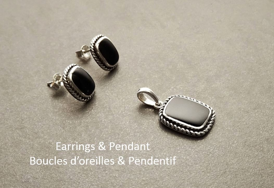 Black Earrings Set, Sterling Silver, Black Onyx Stone, Oxidized braided border Jewelry, Vintage Tribal Square shape Earrings and Pedant