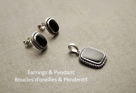 Black Earrings Set, Sterling Silver, Black Onyx Stone, Oxidized braided border Jewelry, Vintage Tribal Square shape Earrings and Pedant