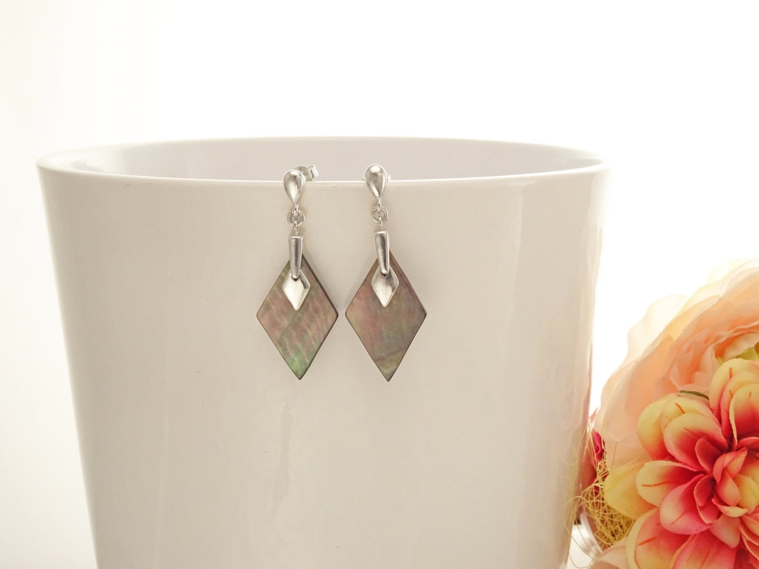 Grey Square Earrings - Sterling Silver, Genuine Gray Paua Shell Earrings, Gray Flat Earrings, Dangle Modern Earrings