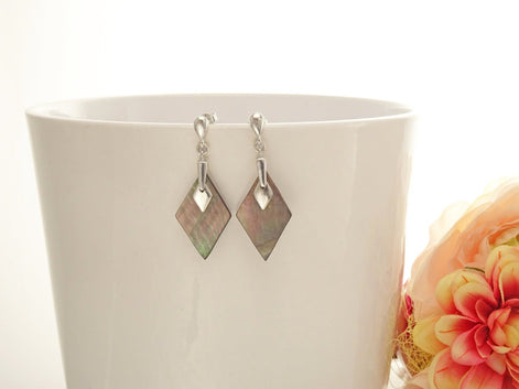 Grey Square Earrings - Sterling Silver, Genuine Gray Paua Shell Earrings, Gray Flat Earrings, Dangle Modern Earrings