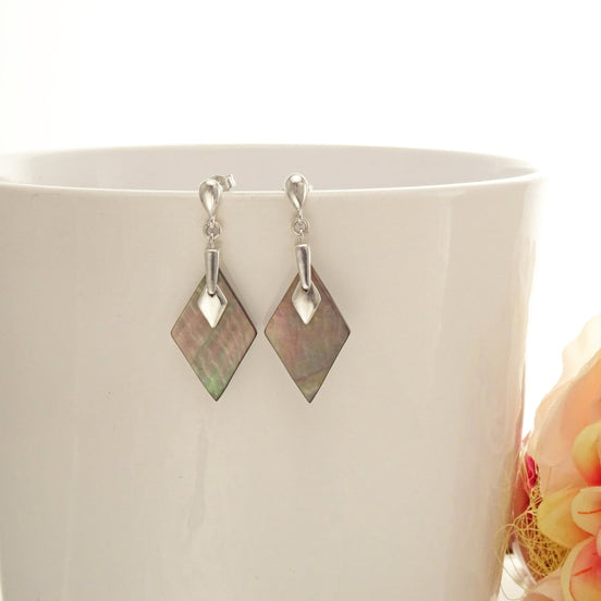 Grey Square Earrings - Sterling Silver, Genuine Gray Paua Shell Earrings, Gray Flat Earrings, Dangle Modern Earrings