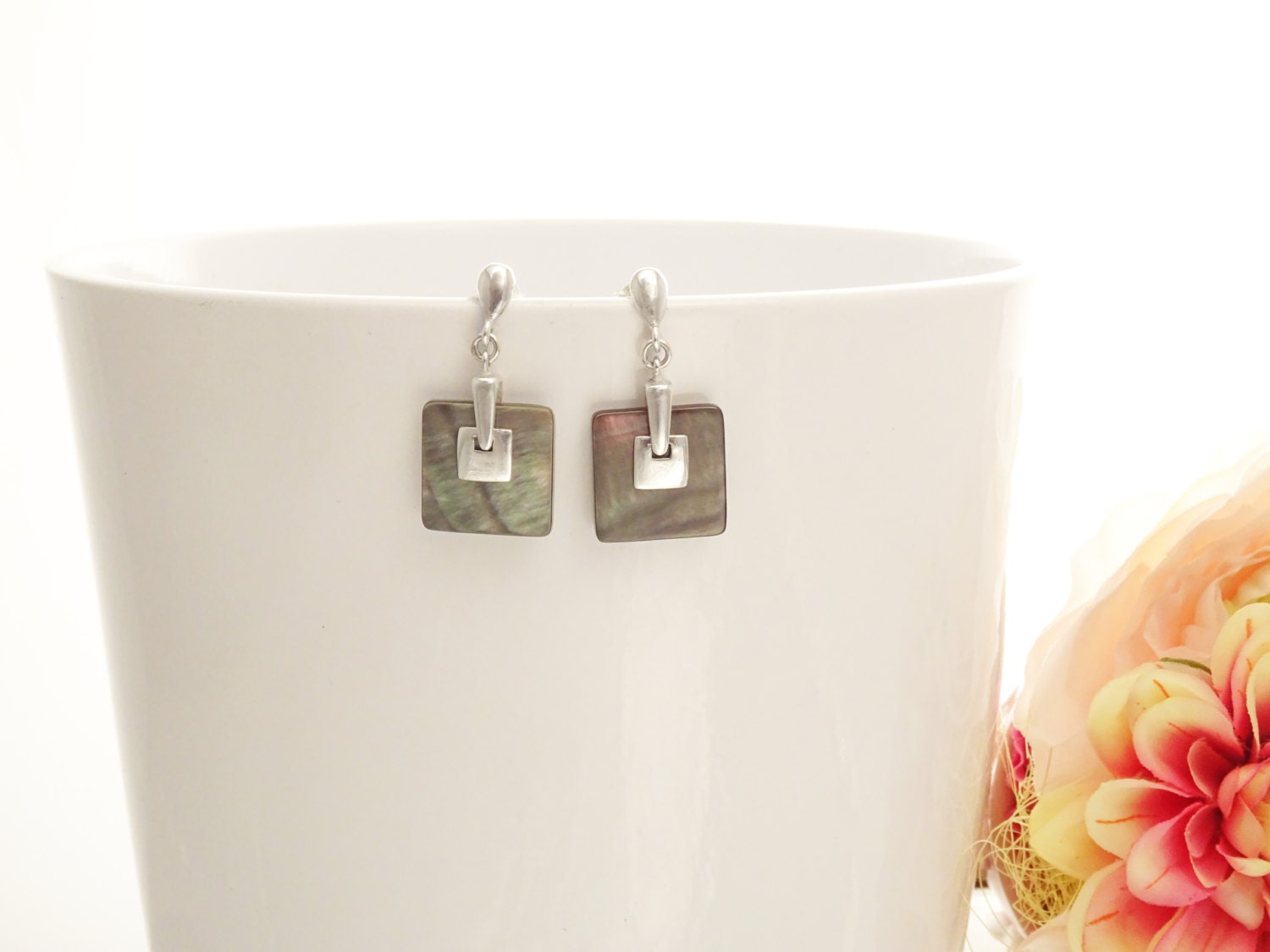 Grey Square Earrings, Sterling Silver, GENUINE Gray Paua Shell Pearl with Rainbow Highlights, Geometric Jewelry, Modern Dangle Earrings