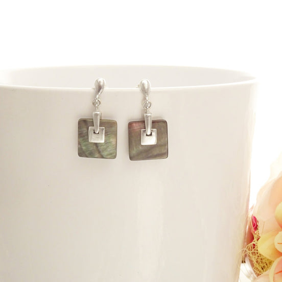 Grey Square Earrings, Sterling Silver, GENUINE Gray Paua Shell Pearl with Rainbow Highlights, Geometric Jewelry, Modern Dangle Earrings