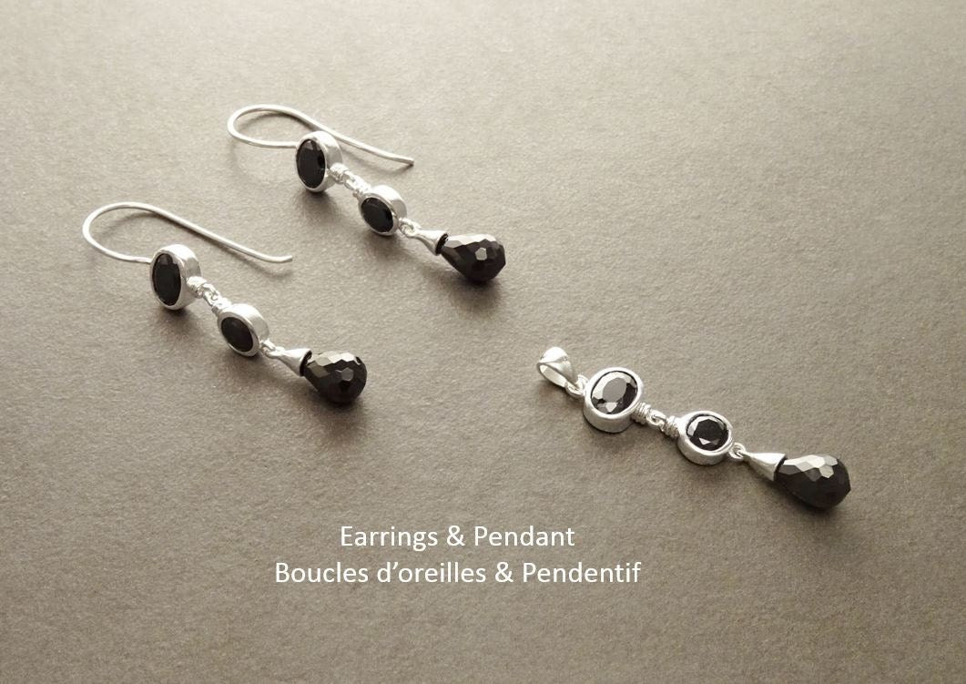 Black Stone Pendant, Sterling Silver, Necklace with Pending Black Stones Pendant, Black Cz, Modern Dangle Stones Pendant Earrings set