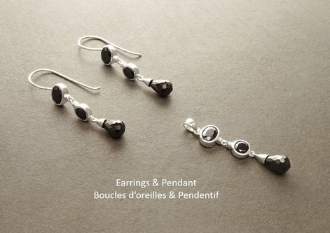 Black Stone Pendant, Sterling Silver, Necklace with Pending Black Stones Pendant, Black Cz, Modern Dangle Stones Pendant Earrings set