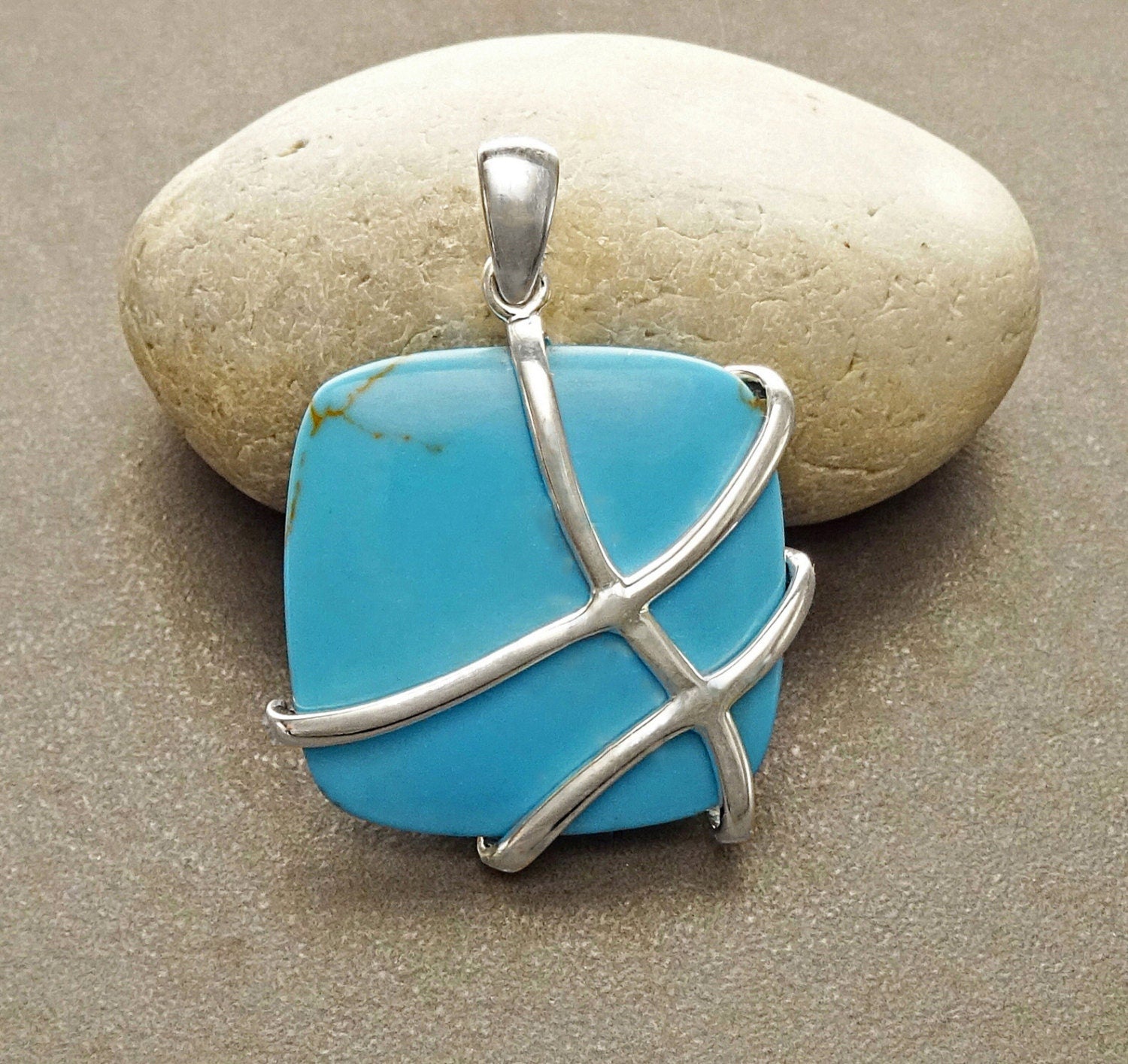 Turquoise Square Pendant, Sterling Silver, Geometric Blue Gemstone Necklace, Bold Charm, Statement Modern Jewelry