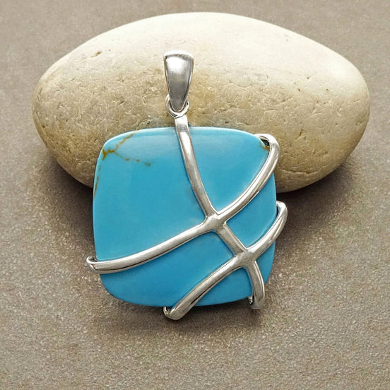 Turquoise Square Pendant, Sterling Silver, Geometric Blue Gemstone Necklace, Bold Charm, Statement Modern Jewelry