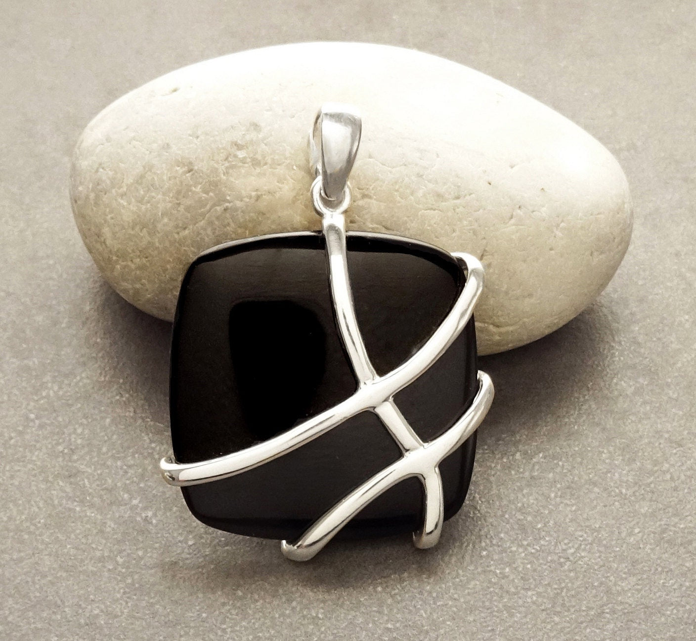 Onyx Square Pendant, Sterling Silver, Modern Geometric Stone Jewelry