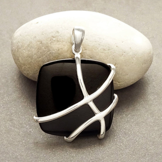 Onyx Square Pendant, Sterling Silver, Modern Geometric Stone Jewelry