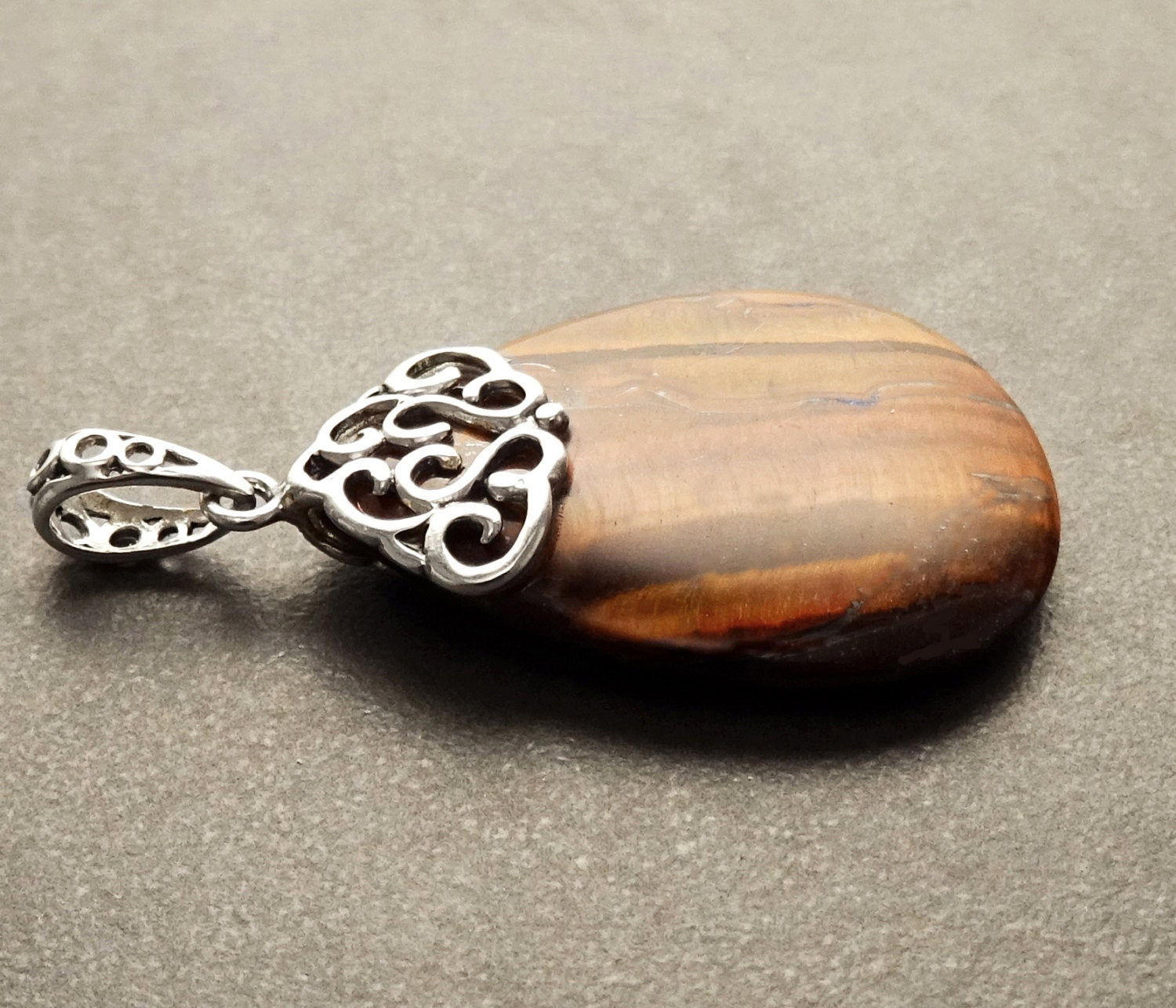 925 Sterling Silver Filigree Tiger Eye Pendant, Brown Stone Teardrop Pendant, Antique Vintage Design Jewelry,