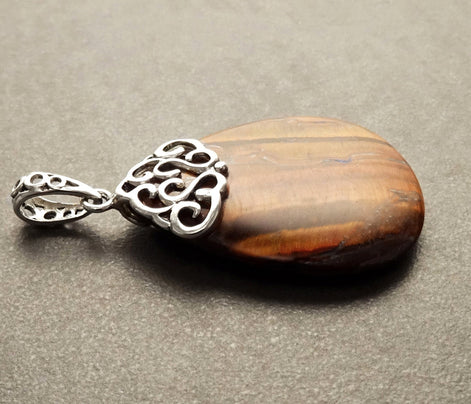 925 Sterling Silver Filigree Tiger Eye Pendant, Brown Stone Teardrop Pendant, Antique Vintage Design Jewelry,