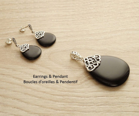 Black Stone Pendant, Sterling Silver, Onyx Oval Stone, Vintage Filigree Necklace, Teardrop Stone, Boho Jewelry, Antique Charm Necklace