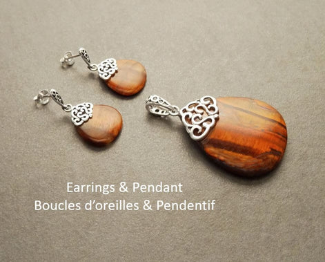 Vintage Oval Earrings, Sterling Silver, Filigree, Earrings and Pendant Set, GENUINE Brown Tiger Eyes Stone, Gemstone Teardrop