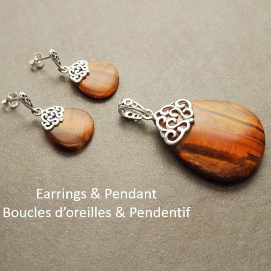 Vintage Oval Earrings, Sterling Silver, Filigree, Earrings and Pendant Set, GENUINE Brown Tiger Eyes Stone, Gemstone Teardrop