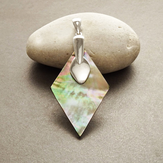 Gray Paua Shell Pendant, Sterling Silver, Diamond Shape, Gray Pearl MOP Rainbow Highlights, Statement Geometric Designer Jewelry