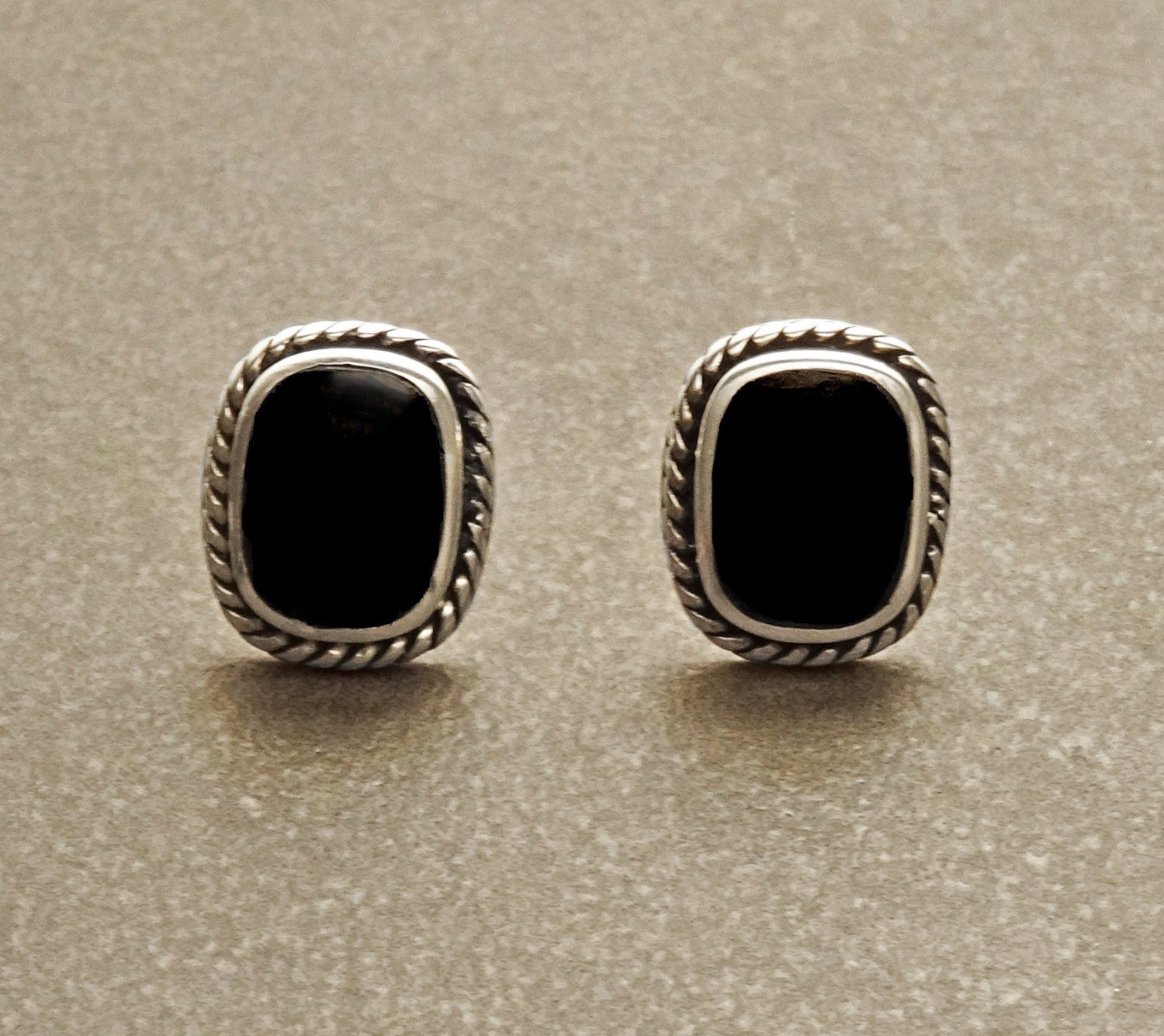 Black Earrings Set, Sterling Silver, Black Onyx Stone, Oxidized braided border Jewelry, Vintage Tribal Square shape Earrings and Pedant