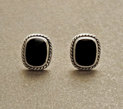 Black Earrings Set, Sterling Silver, Black Onyx Stone, Oxidized braided border Jewelry, Vintage Tribal Square shape Earrings and Pedant