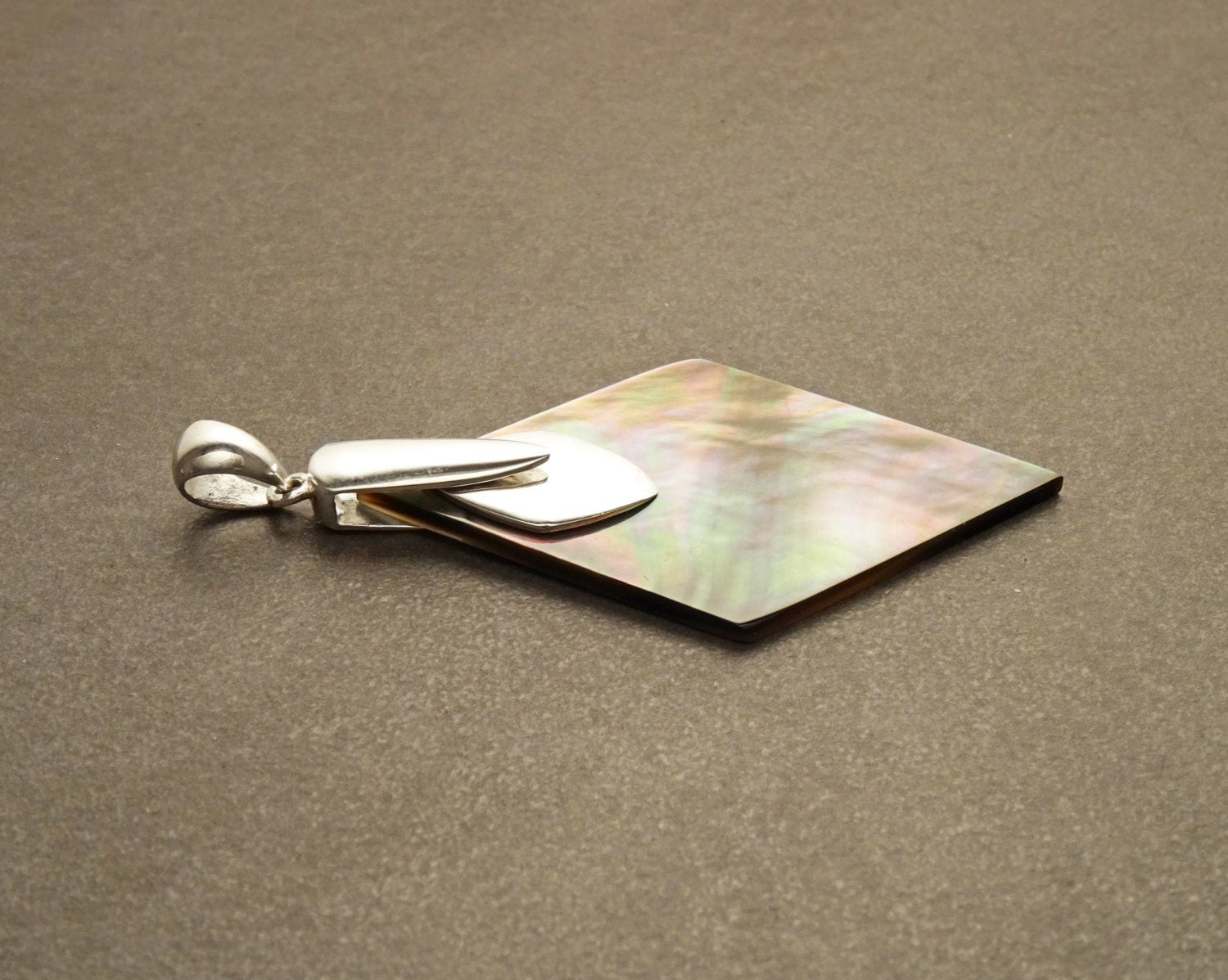 Gray Paua Shell Pendant, Sterling Silver, Diamond Shape, Gray Pearl MOP Rainbow Highlights, Statement Geometric Designer Jewelry