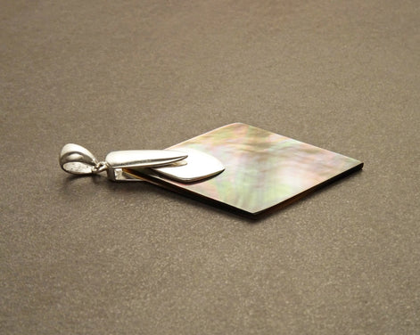 Gray Paua Shell Pendant, Sterling Silver, Diamond Shape, Gray Pearl MOP Rainbow Highlights, Statement Geometric Designer Jewelry