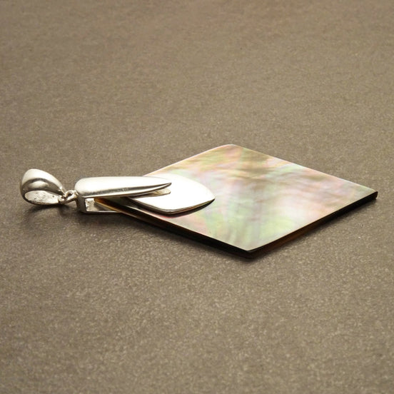 Gray Paua Shell Pendant, Sterling Silver, Diamond Shape, Gray Pearl MOP Rainbow Highlights, Statement Geometric Designer Jewelry