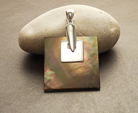 Grey Square Earrings, Sterling Silver, GENUINE Gray Paua Shell Pearl with Rainbow Highlights, Geometric Jewelry, Modern Dangle Earrings