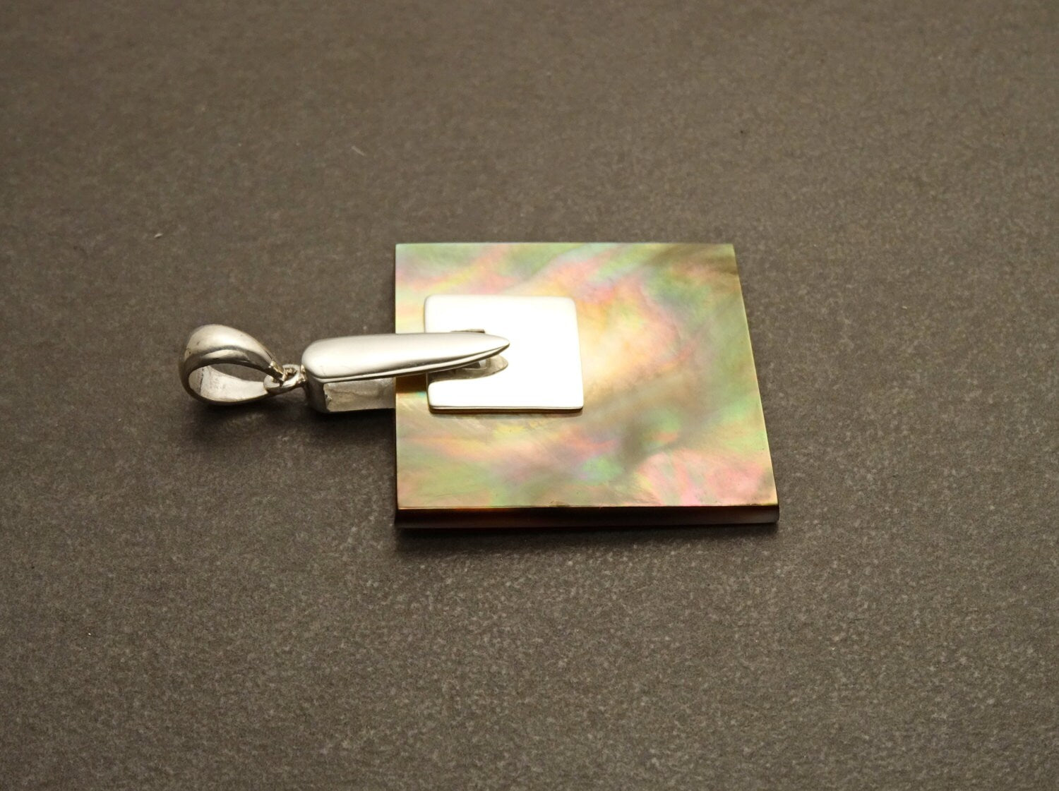 Gray Square Pendant, Sterling Silver, GENUINE Grey Paua - Mother of Pearl Shell Necklace, Ocean Modern Geometric Minimalist Design Jewelry