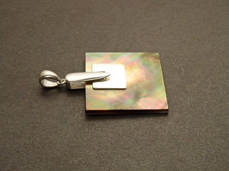 Gray Square Pendant, Sterling Silver, GENUINE Grey Paua - Mother of Pearl Shell Necklace, Ocean Modern Geometric Minimalist Design Jewelry