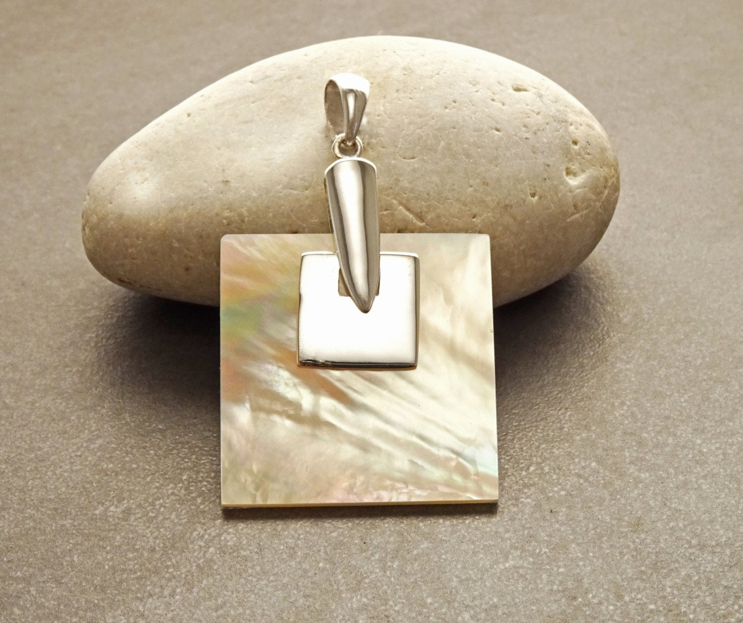 Modern Square Pendant, Sterling Silver 925, Genuine Brown Color Mother of Pearl Paua Shell, Statement Geometric Minimalist design Necklace