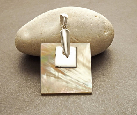 Modern Square Pendant, Sterling Silver 925, Genuine Brown Color Mother of Pearl Paua Shell, Statement Geometric Minimalist design Necklace