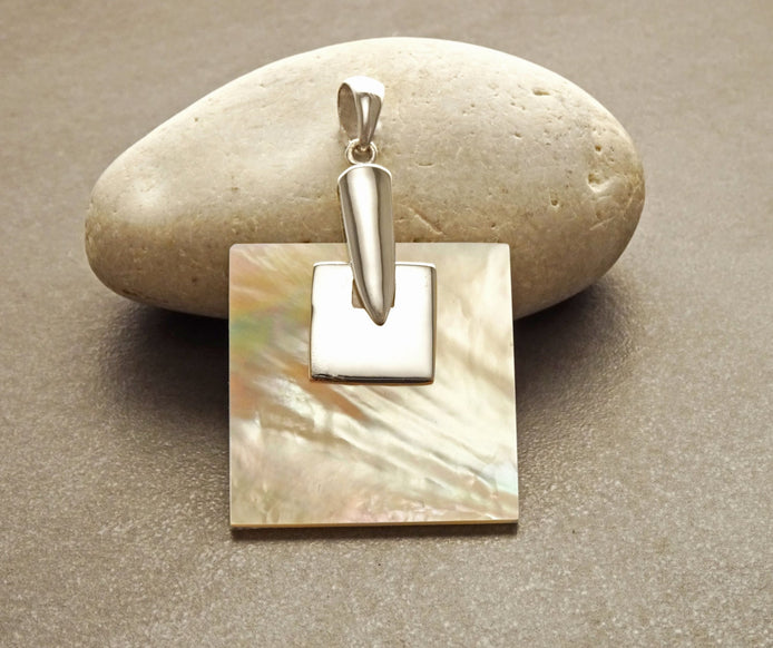 Modern Square Pendant, Sterling Silver 925, Genuine Brown Color Mother of Pearl Paua Shell, Statement Geometric Minimalist design Necklace
