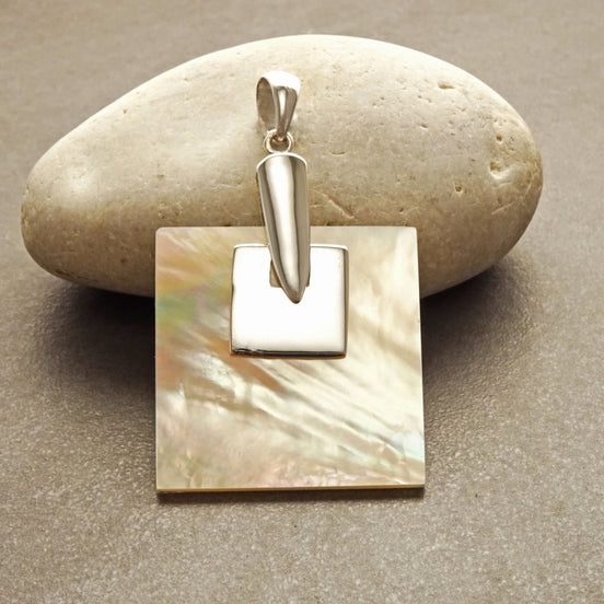 Modern Square Pendant, Sterling Silver 925, Genuine Brown Color Mother of Pearl Paua Shell, Statement Geometric Minimalist design Necklace