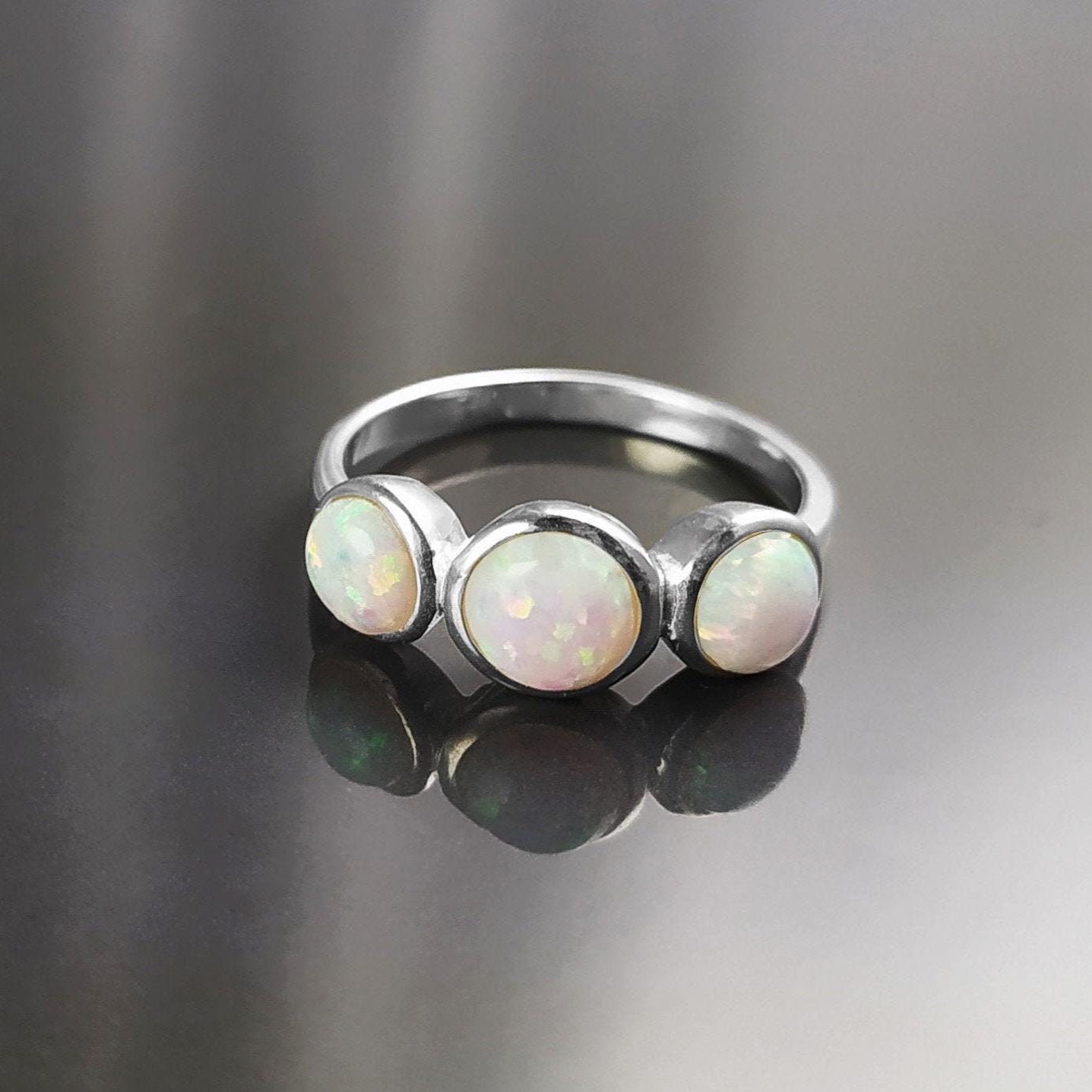 925 Opal Ring Sterling Silver, Three Opal Stones Domed Ring, Fiery White Fire Opals Stone Birthstone, loyalty, faithfulness, and hope.