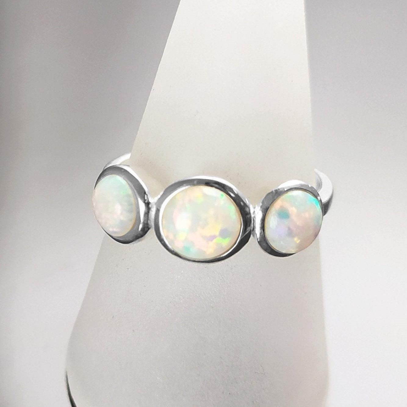 925 Opal Ring Sterling Silver, Three Opal Stones Domed Ring, Fiery White Fire Opals Stone Birthstone, loyalty, faithfulness, and hope.