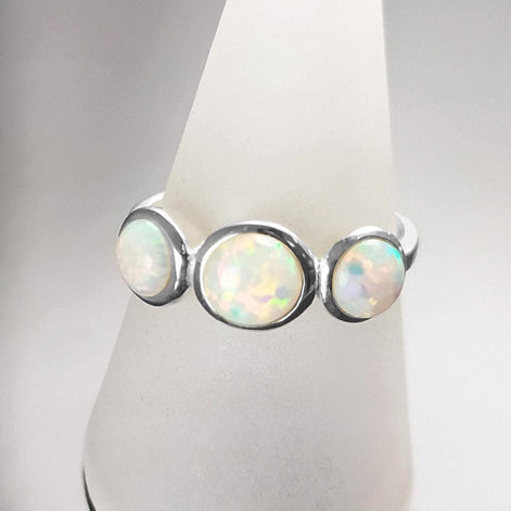 925 Opal Ring Sterling Silver, Three Opal Stones Domed Ring, Fiery White Fire Opals Stone Birthstone, loyalty, faithfulness, and hope.