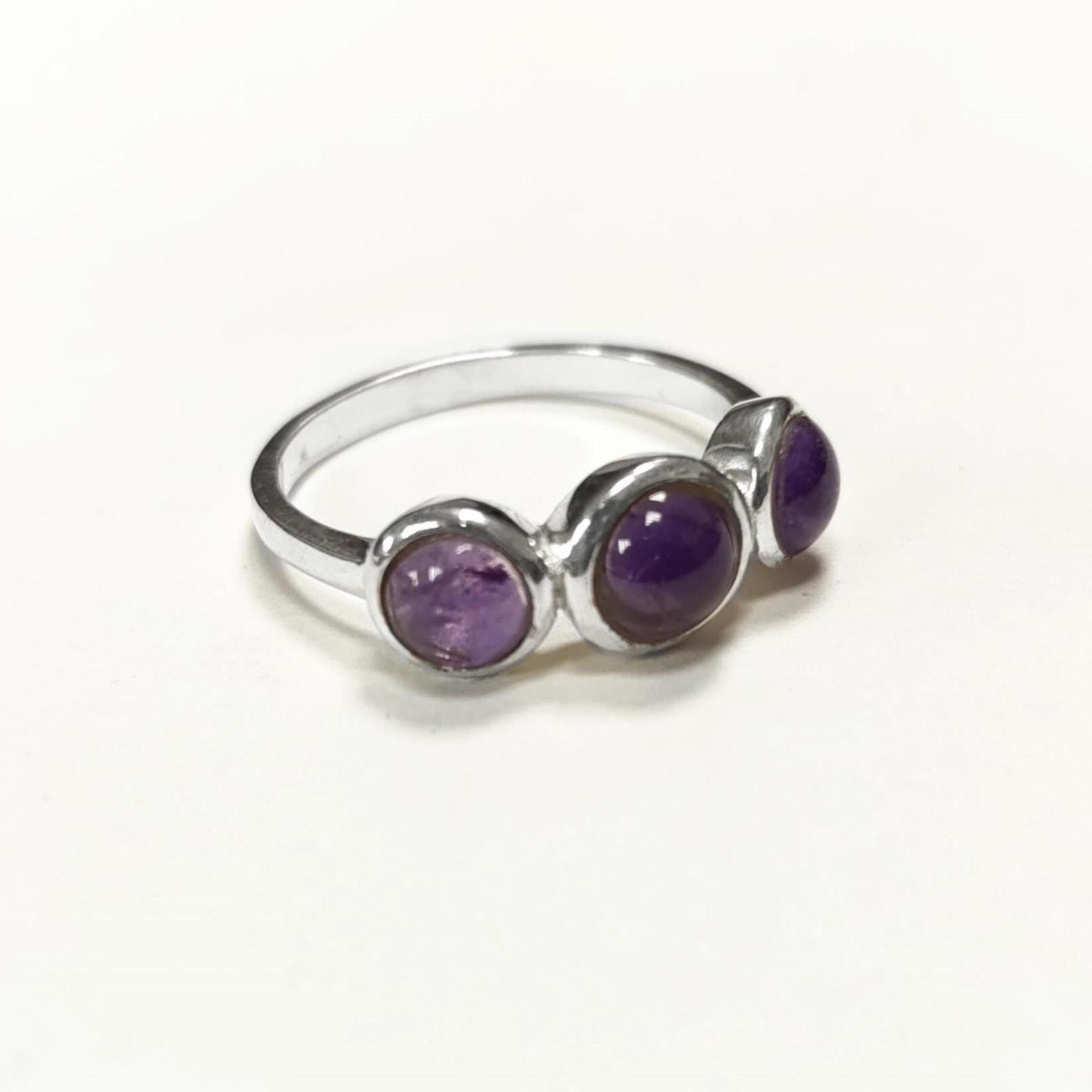 925 Sterling Silver Ring with Three Round Amethyst Stones, Genuine Amethyst Birthstone. Small Unique Jewelry