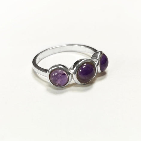 925 Sterling Silver Ring with Three Round Amethyst Stones, Genuine Amethyst Birthstone. Small Unique Jewelry