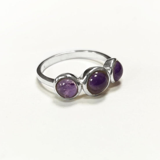 925 Sterling Silver Ring with Three Round Amethyst Stones, Genuine Amethyst Birthstone. Small Unique Jewelry