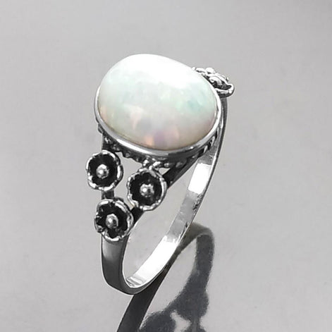 Sterling Silver Opal Ring, Flower Design Jewelry